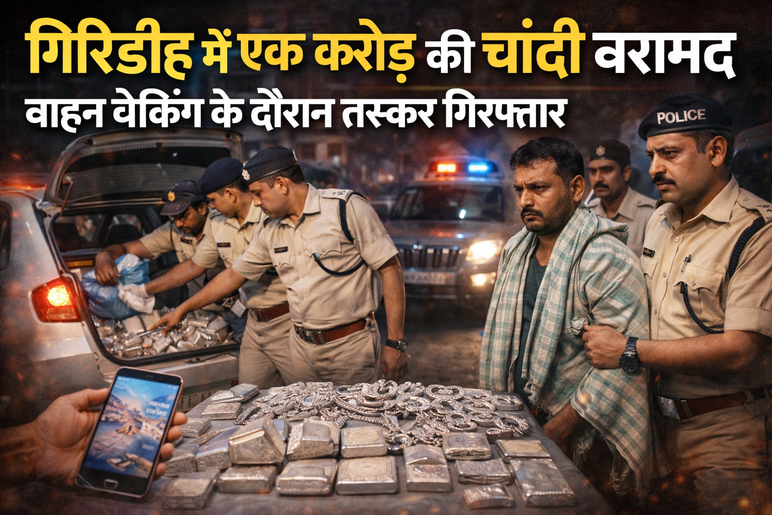 Giridih silver smuggling case, Giridih crime news, Jharkhand silver seizure, one crore silver seized Giridih, Giridih police action, silver smuggler arrested Jharkhand, vehicle checking Giridih police, Giridih latest news
