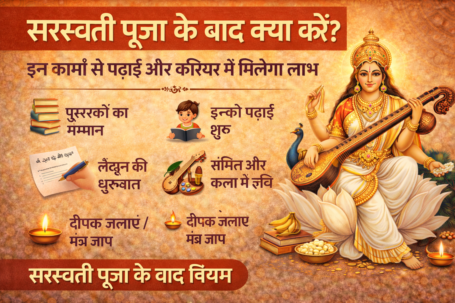 सरस्वती पूजा के बाद क्या करें, Saraswati Puja After Rules, सरस्वती पूजा के नियम, पढ़ाई में सफलता उपाय, Saraswati Puja Tips