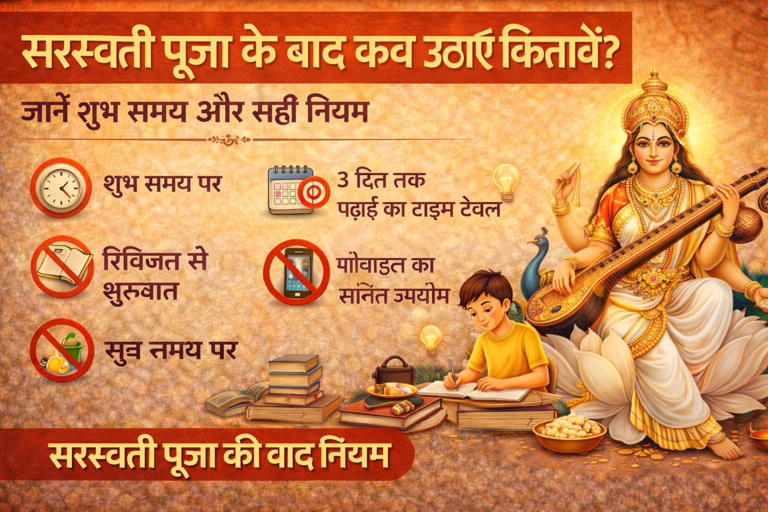 सरस्वती पूजा के बाद कब उठाएं किताबें, Saraswati Puja After Study Time, सरस्वती पूजा पढ़ाई नियम, Saraswati Puja Vidya Rules, Students Puja Tips