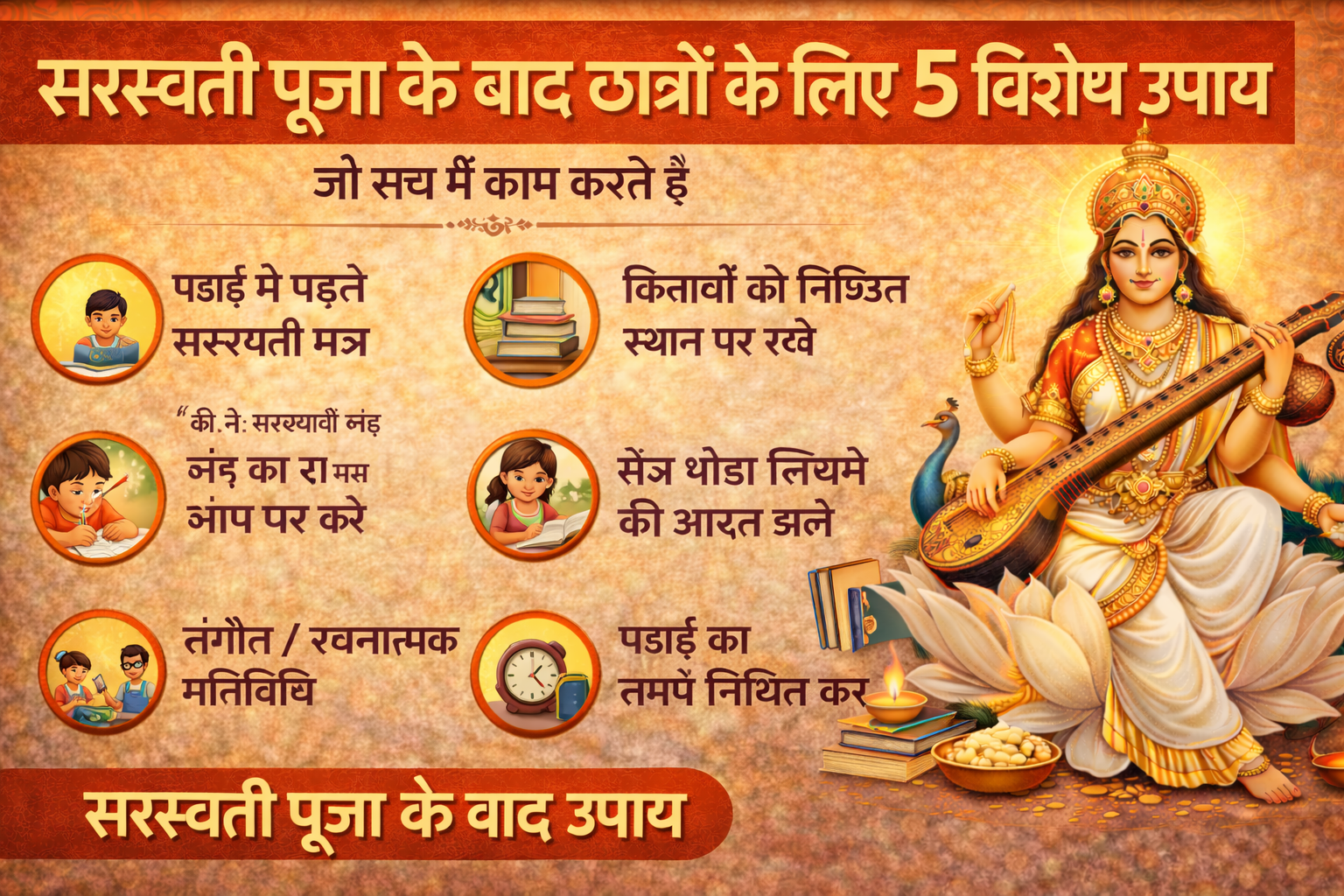 सरस्वती पूजा के बाद उपाय, Saraswati Puja Student Remedies, पढ़ाई में सफलता उपाय, सरस्वती पूजा टिप्स, Saraswati Puja Vidya Upay