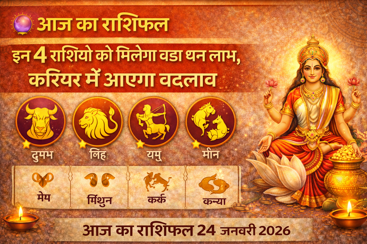 आज का राशिफल, Aaj Ka Rashifal 24 January 2026, आज का भविष्यफल, Daily Horoscope Hindi, धन लाभ राशिफल, Jharkhand Rashifal