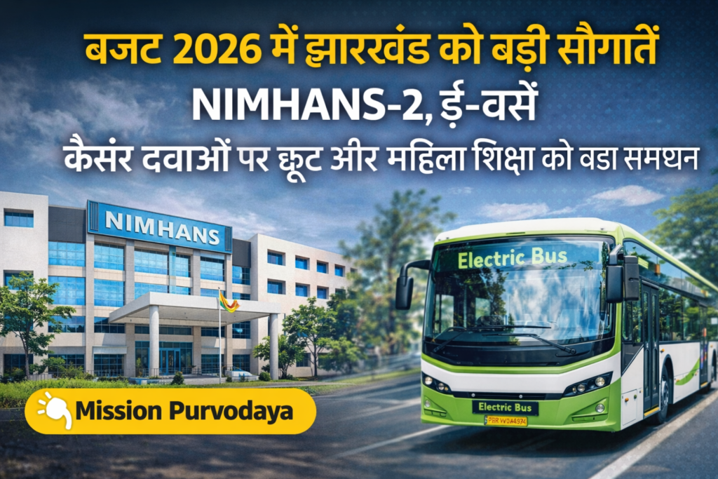 बजट 2026 झारखंड, NIMHANS 2.0 भारत, Mission Purvodaya e-buses, महिला छात्रावास बजट, कैंसर दवाओं पर छूट, Union Budget 2026 healthcare, Jharkhand tourism boost
