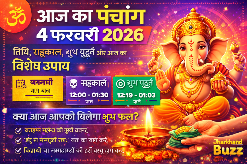आज का पंचांग 4 फरवरी 2026,आज का पंचांग, Aaj Ka Panchang 4 February 2026, आज का राहुकाल, शुभ मुहूर्त आज, Hindu Panchang Hindi, Jharkhand Panchang