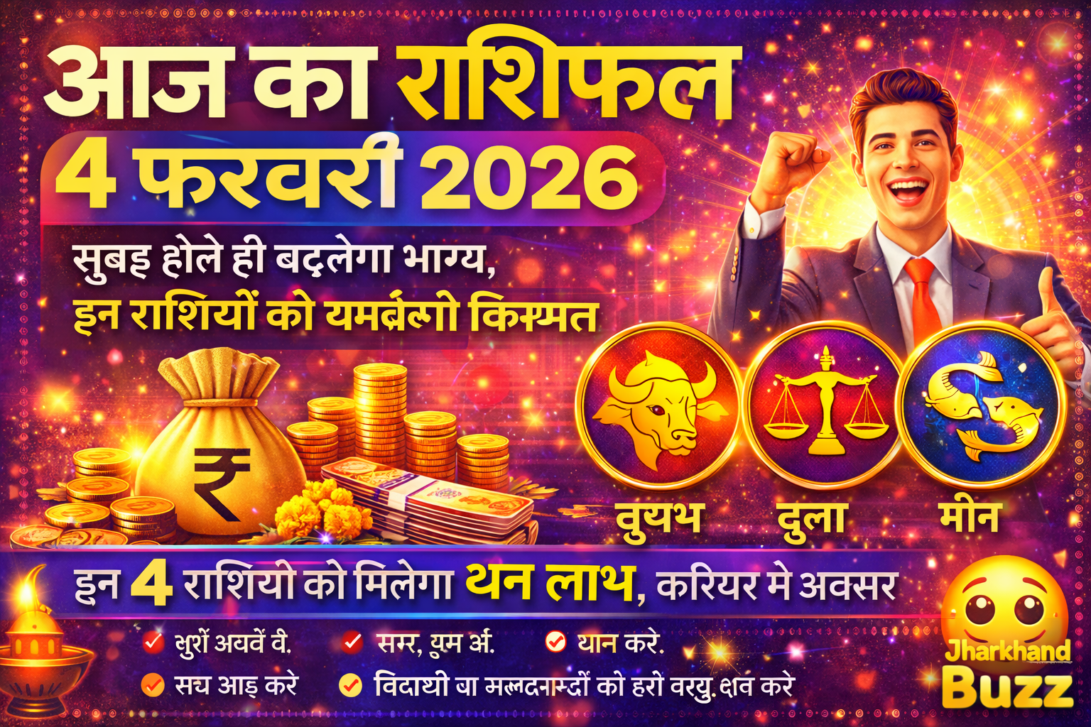 आज का राशिफल 4 फरवरी, Aaj Ka Rashifal 4 February 2026, आज का भविष्यफल, धन लाभ राशिफल, Daily Horoscope Hindi, Jharkhand Rashifal
