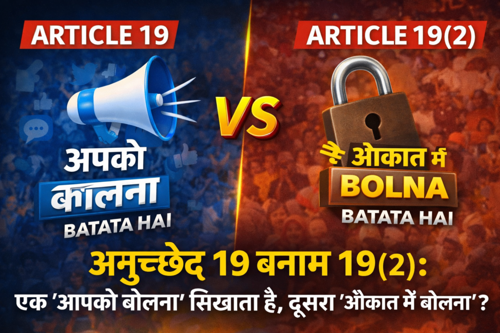 Article 19 vs 19(2),अनुच्छेद 19, Article 19(2) meaning, फ्री स्पीच भारत, अभिव्यक्ति की स्वतंत्रता, constitutional rights India, reasonable restrictions, Indian Constitution Article 19
,