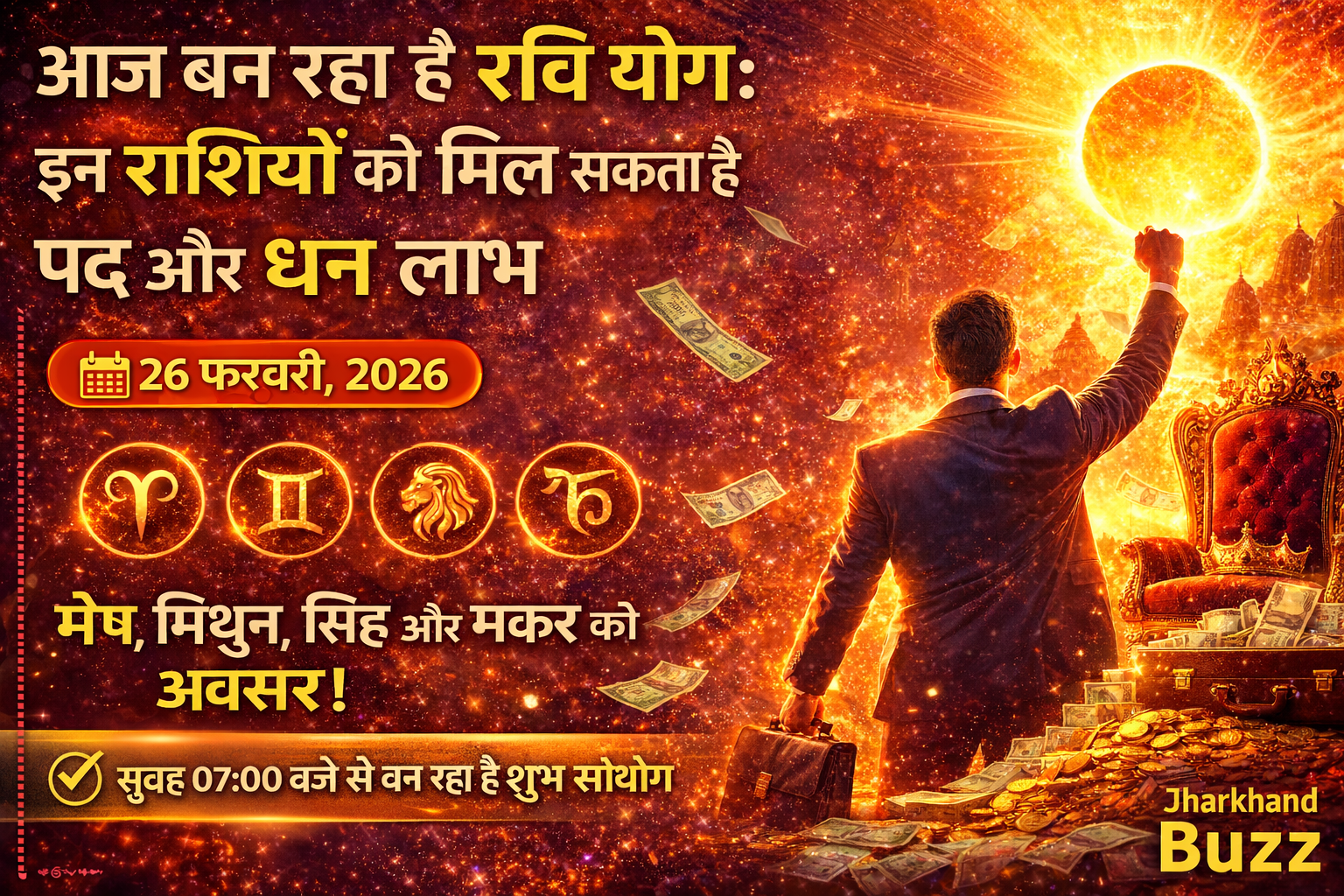 रवि योग,रवि योग का प्रभाव, रवि योग 2026, आज का राशिफल विशेष, किन राशियों को होगा धन लाभ, पद और प्रमोशन योग,