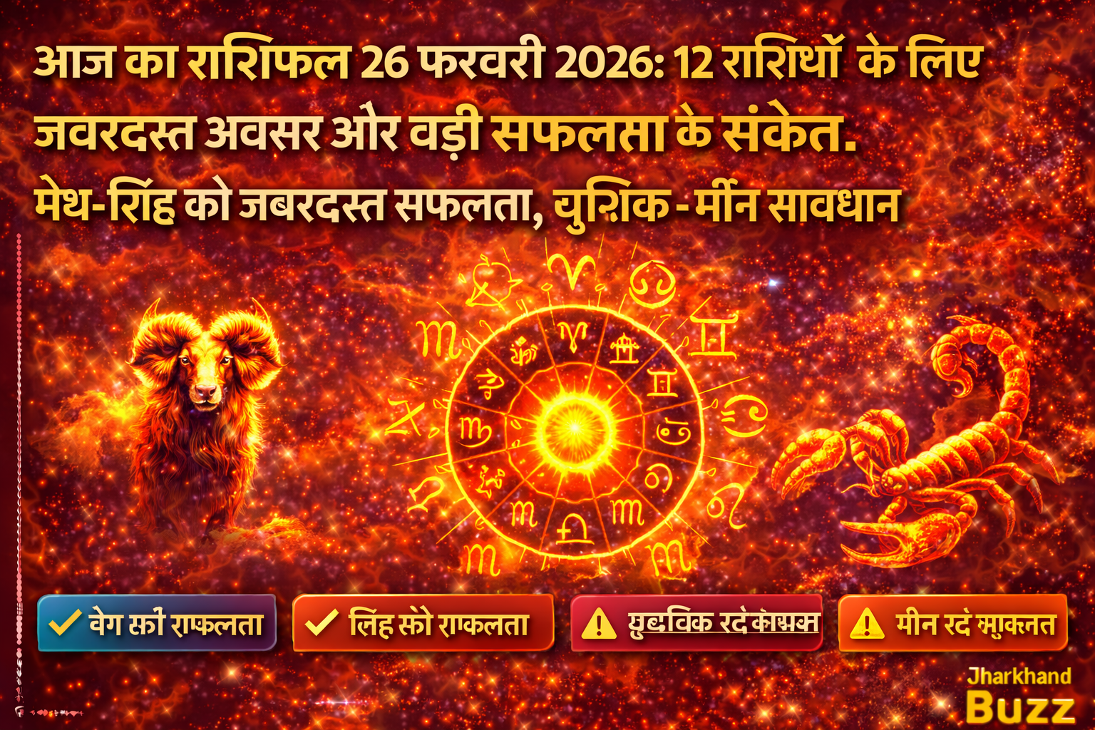 आज का राशिफल 26 फरवरी 2026, 26 फरवरी राशिफल, दैनिक राशिफल 2026, मेष राशिफल 26 फरवरी, सिंह राशिफल आज, वृश्चिक राशिफल सावधान, मीन राशिफल 2026, झारखंड राशिफल आज, आज का भविष्यफल, 26 फरवरी ज्योतिष समाचार