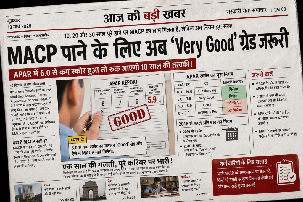 MACP Rule 2026,
APAR Very Good benchmark,
MACP eligibility rule,
government employee ,promotion rule,
MACP new rule India,MACP
Government Employee,
Promotion Rule,
APAR Score,
7th Pay Commission,
