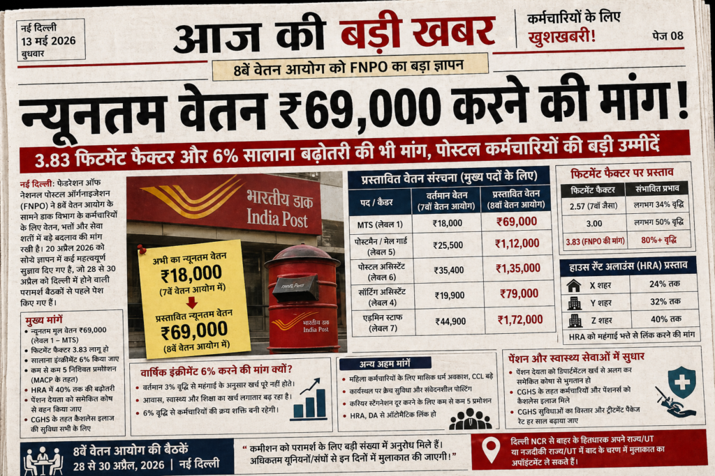 8th Pay Commission,
salary hike,
fitment factor 3.83,
minimum salary 69000,
postal employees salary,