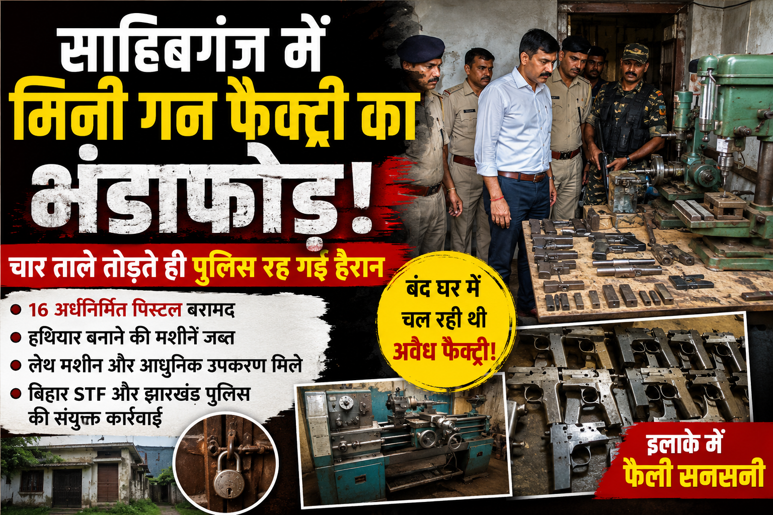 साहिबगंज ,मिनी गन फैक्ट्री,Jharkhand illegal weapons factory, Bihar STF raid news, Sahibganj pistol factory, illegal arms recovery Jharkhand, Patna block gun factory, police raid news Jharkhand,