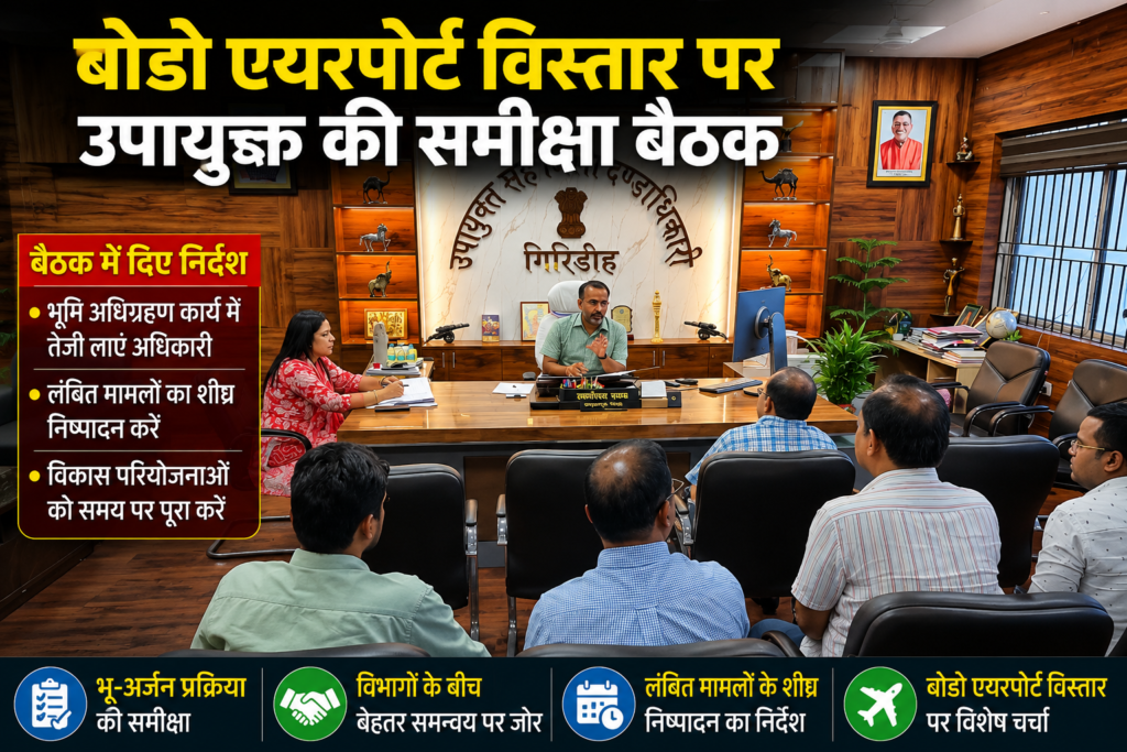 परियोजनाओं,DC,Ramniwas Yadav meeting, land acquisition Jharkhand, airport expansion project news, district development projects review, DC review meeting Jharkhand,