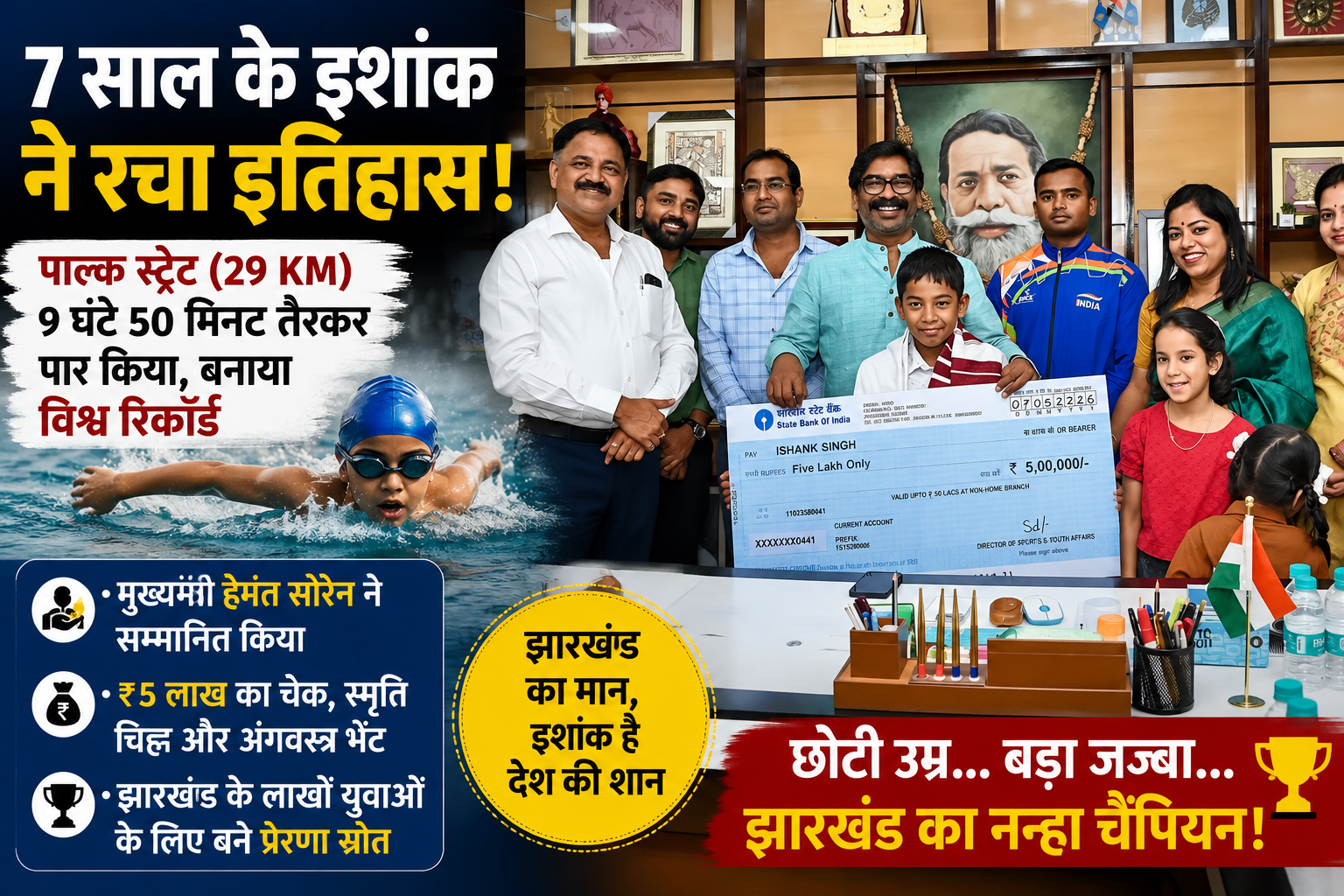इशांक,Palk Strait swimming record, Hemant Soren honours Ishank, Jharkhand swimmer news, 7 year old swimmer India, Ranchi sports news, world record swimming child,