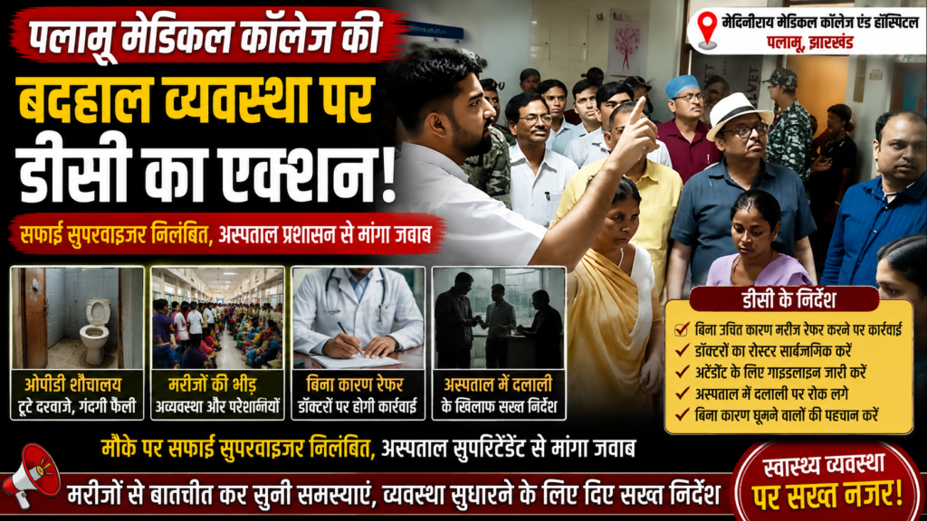 पलामू मेडिकल कॉलेज ,Palamu Medical College Inspection, Medinirai Medical College News, DC Action Palamu, Hospital Cleanliness Issue, Jharkhand Health News, Hospital Referral Investigation,
