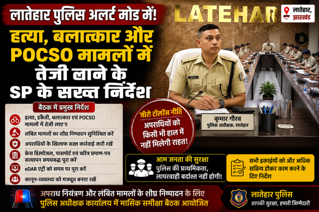 लातेहार पुलिस,Latehar Police Review Meeting, SP Kumar Gaurav News, Jharkhand Crime Control, POCSO Case Action, Latehar Crime News, Jharkhand Police Alert,