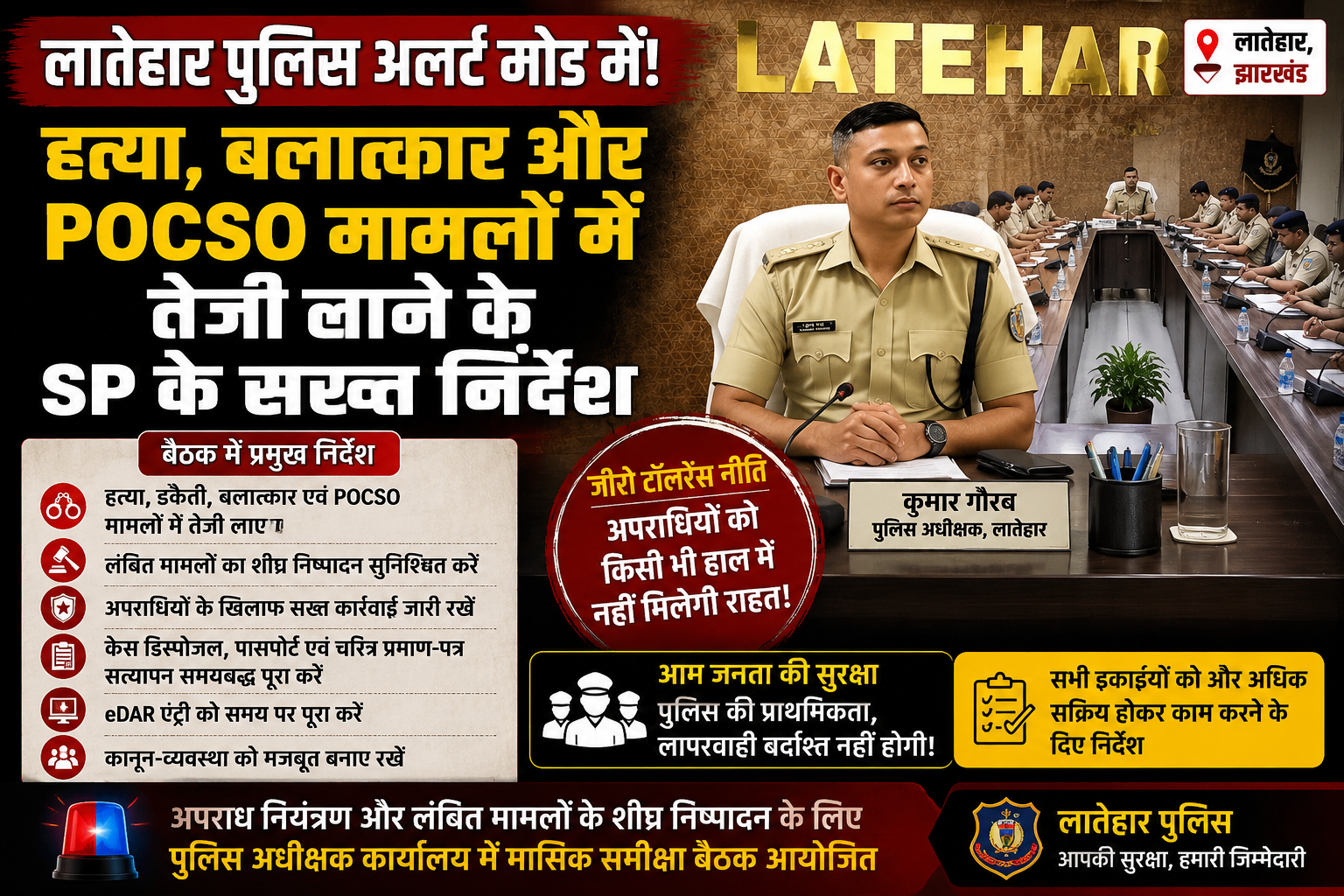 लातेहार पुलिस,Latehar Police Review Meeting, SP Kumar Gaurav News, Jharkhand Crime Control, POCSO Case Action, Latehar Crime News, Jharkhand Police Alert,