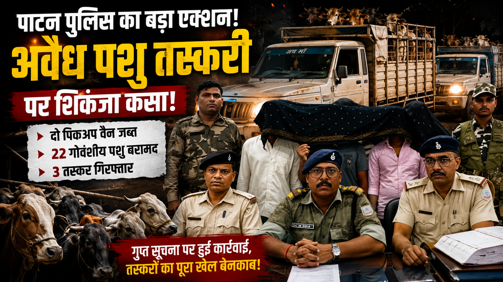 पशु तस्करी,पलामू,Palamu Cattle Smuggling Case, Patan Police Action, Illegal Animal Transport Jharkhand, Cow Smuggling News, Palamu Breaking News, Jharkhand Police Update,