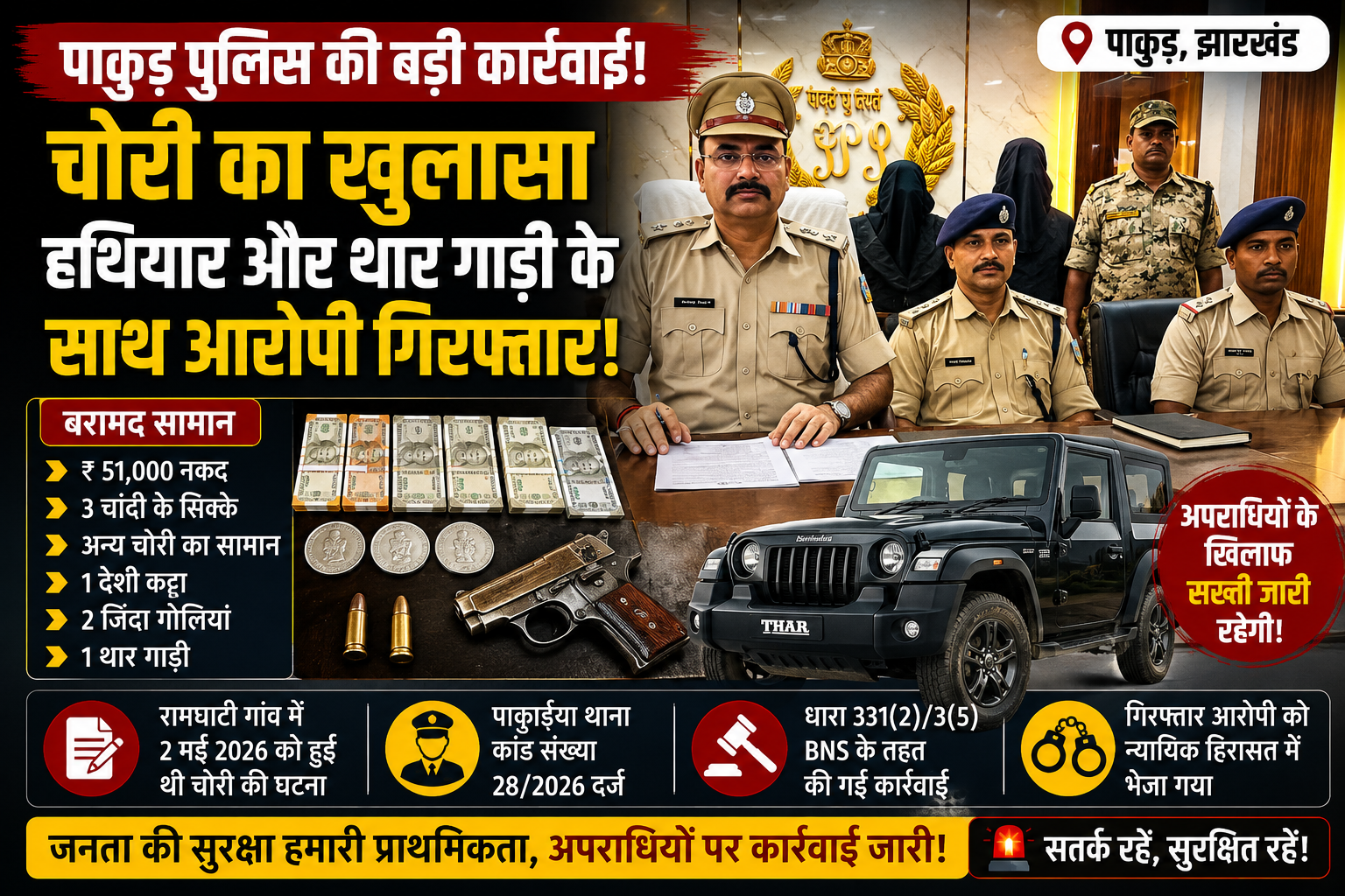 पाकुड़ पुलिस,Pakur News, Pakur Theft Case, Jharkhand Crime News, Thar Vehicle Seized, Pakuria Police, Illegal Weapon News, Pakur Police Action, Jharkhand Breaking News,