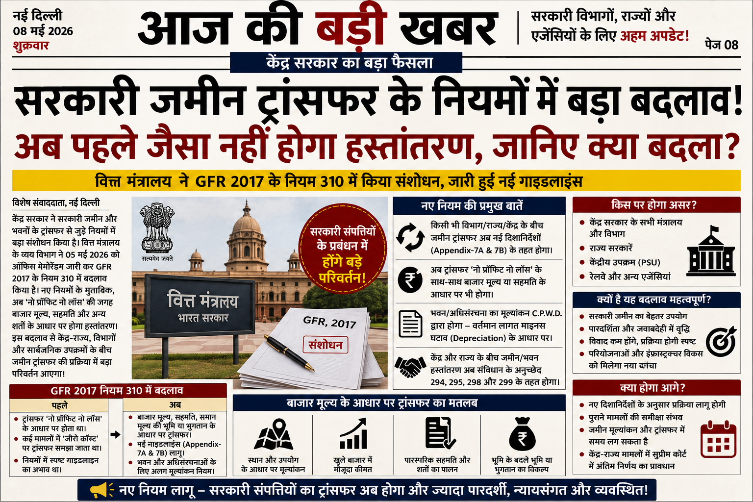 government land rule, GFR Rule 310, land transfer rule, government property update, Finance Ministry land rule,